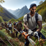 Personnages en chemin pour débroussailler un terrain dans les Pyrénées Orientales